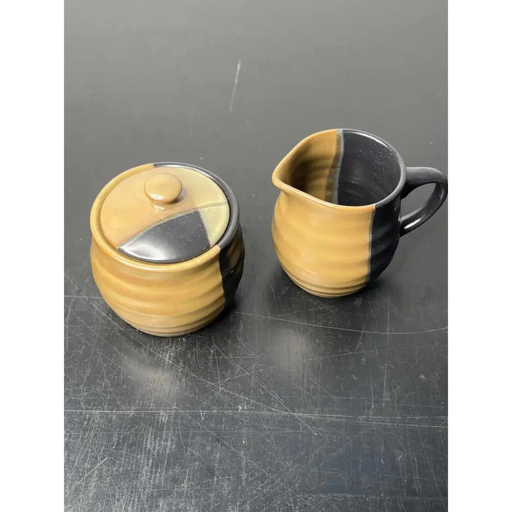 Sango China‎ Gold Dust Black Earthenware Cream & Sugar Pottery